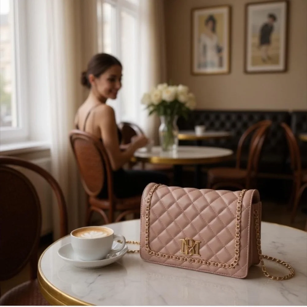 Badgley Mischka Taupe Diamond Crossbody Bag with Braided Chain